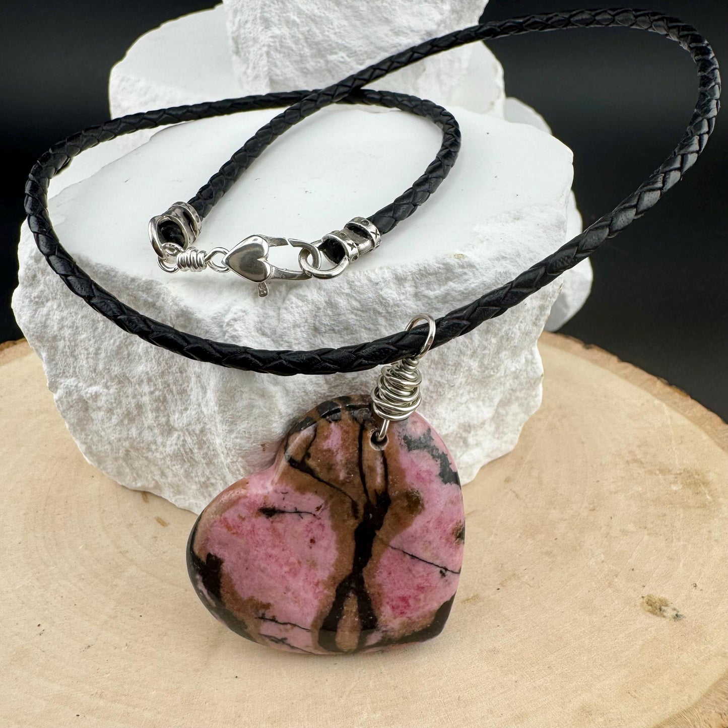 Pink Rhodonite Heart Pendant Leather Necklace - Handcrafted Natural Stone Jewelry