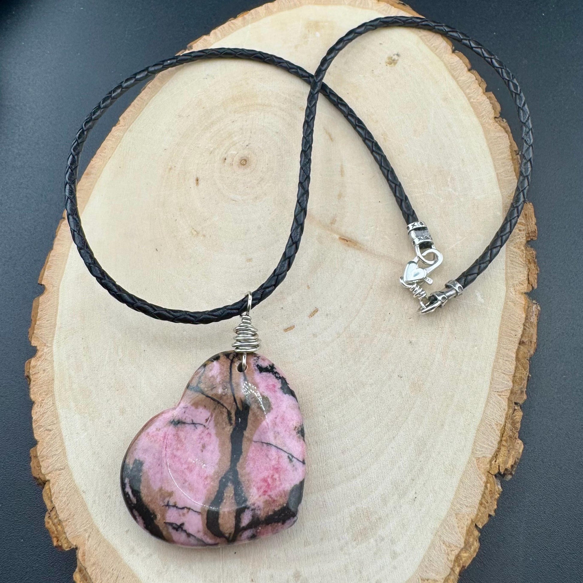 Pink Rhodonite Heart Pendant Leather Necklace - Handcrafted Natural Stone Jewelry