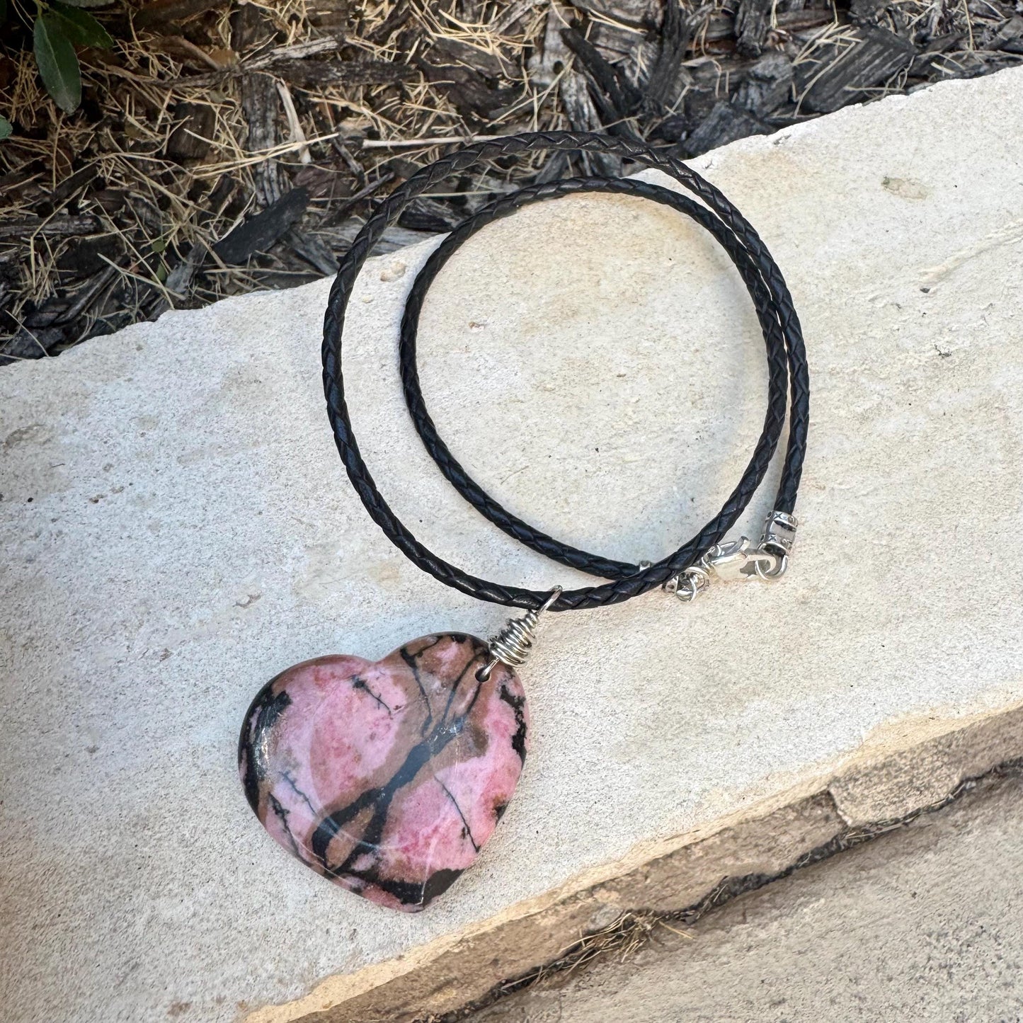 Pink Rhodonite Heart Pendant Leather Necklace - Handcrafted Natural Stone Jewelry