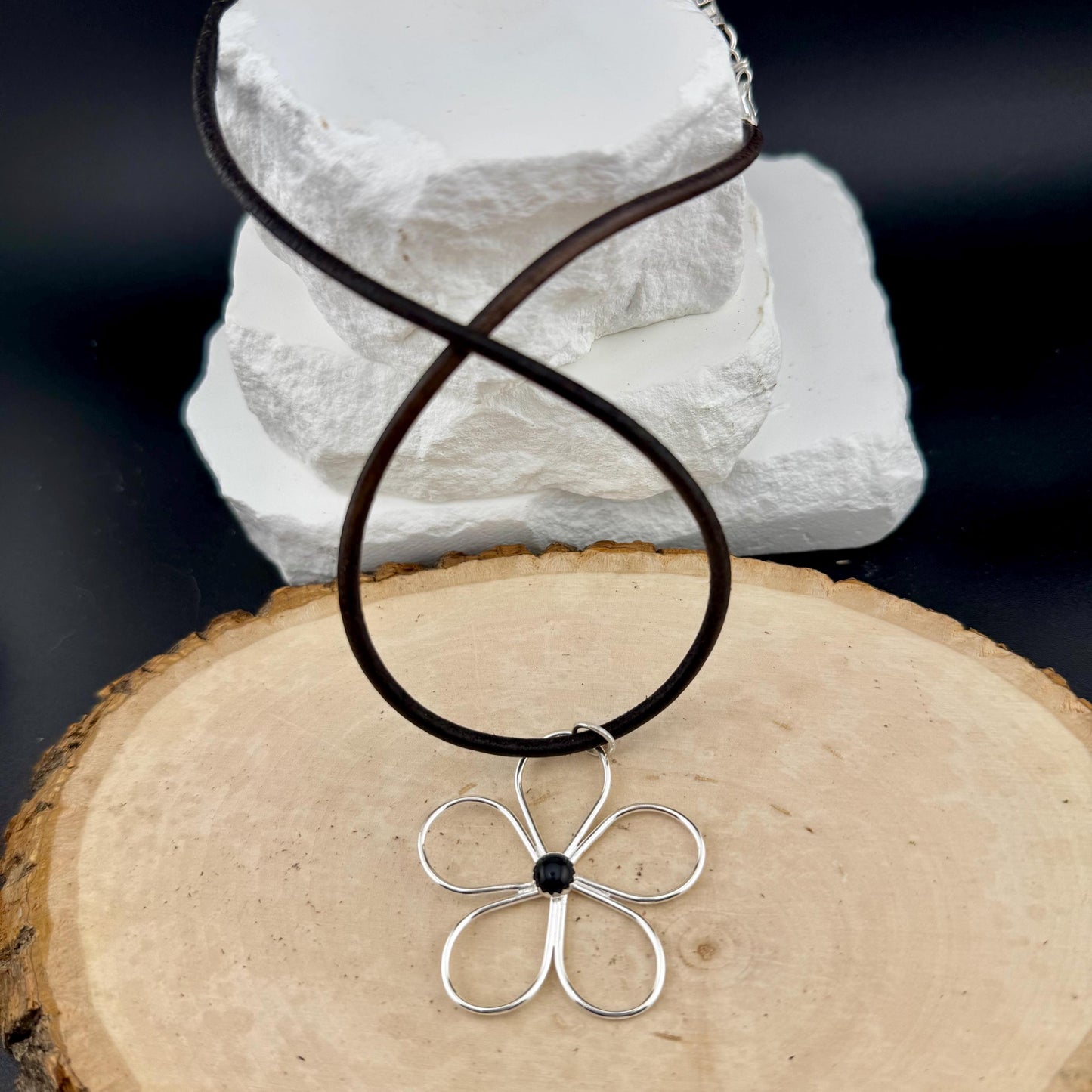 Handmade Sterling Silver Flower Black OnyxPendant on Genuine Leather Necklace