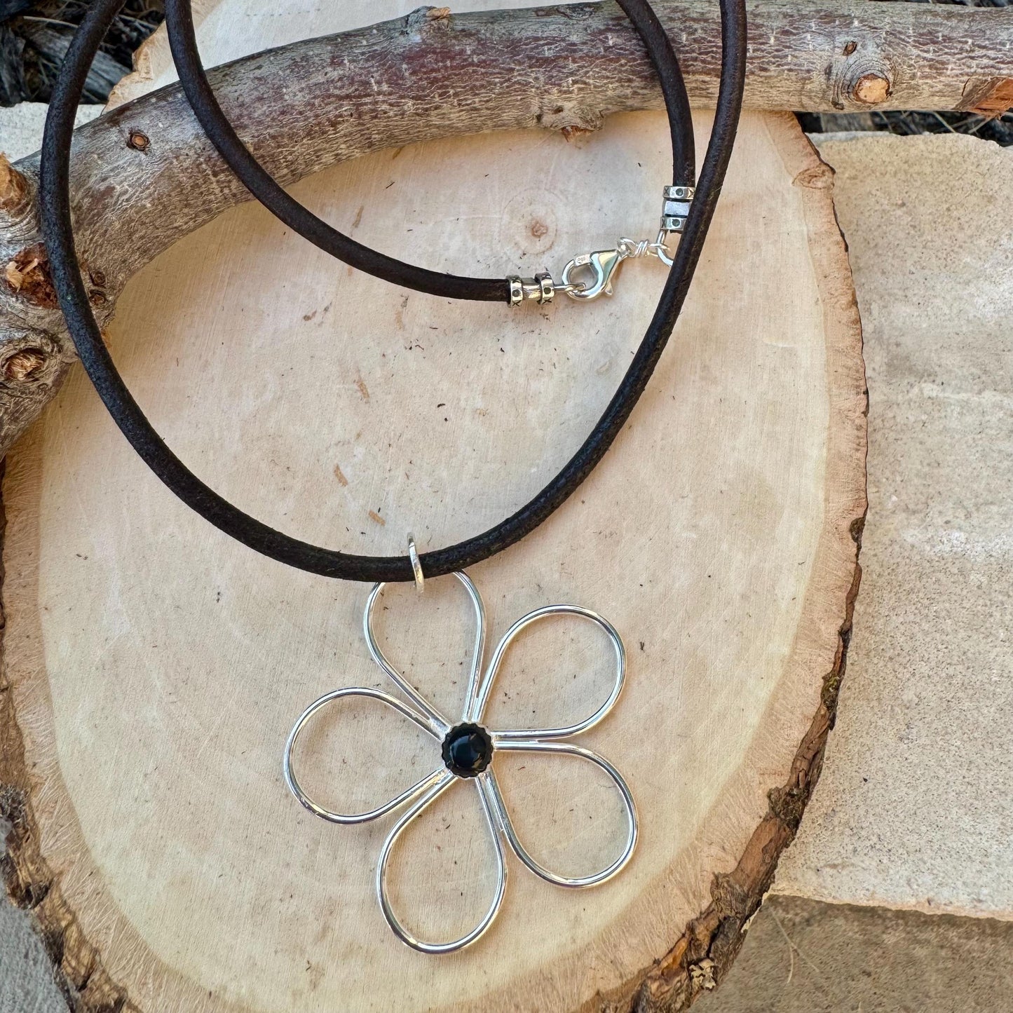 Handmade Sterling Silver Flower Black OnyxPendant on Genuine Leather Necklace