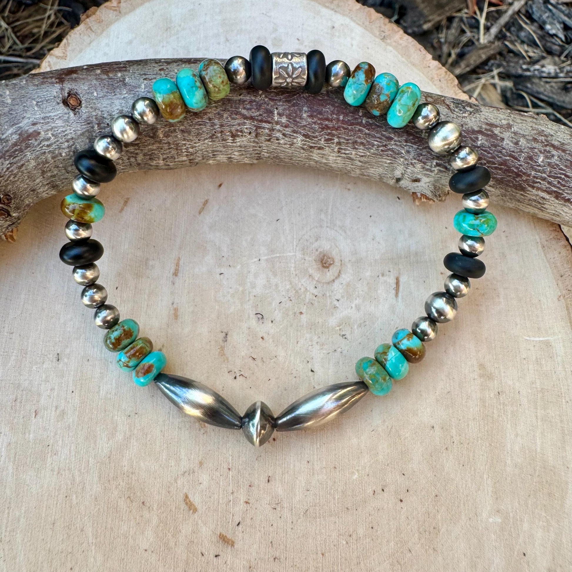 Southwestern Kingman Turquoise Onyx Bracelet - Navajo Pearl Sterling Silver Jewelry