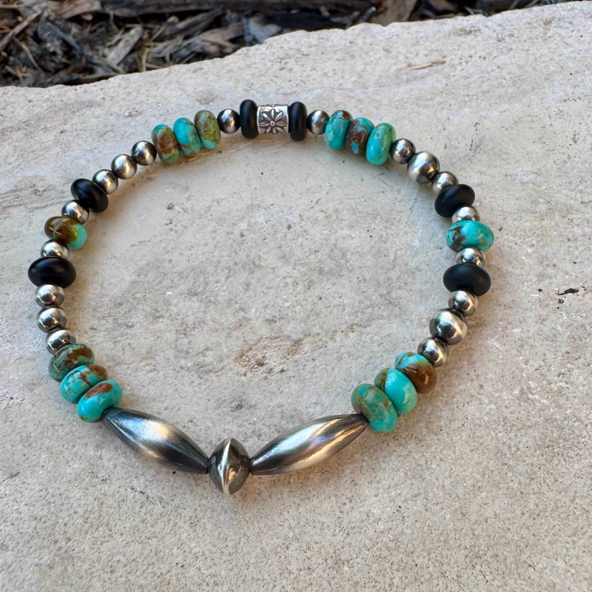 Southwestern Kingman Turquoise Onyx Bracelet - Navajo Pearl Sterling Silver Jewelry