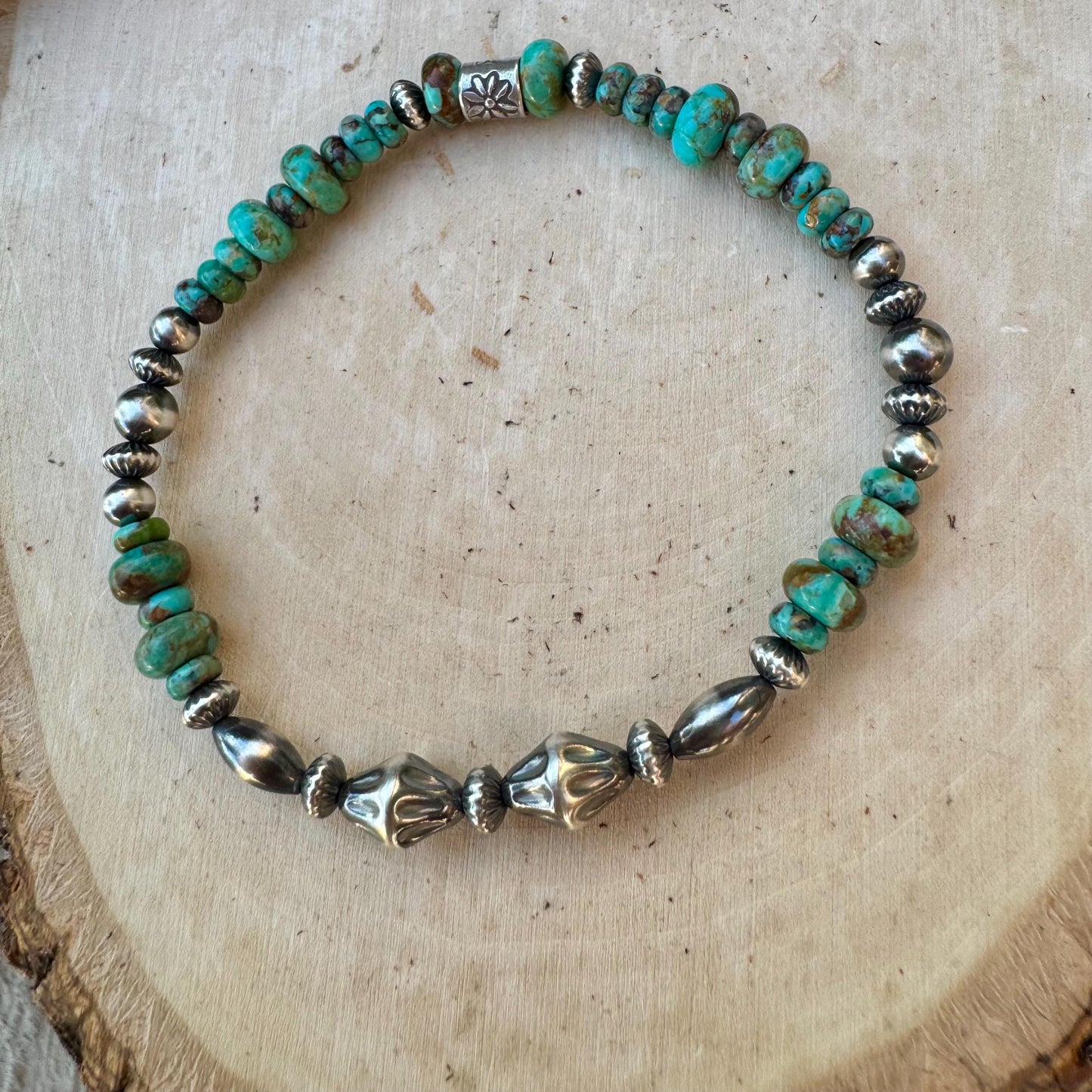 Kingman Turquoise Navajo Pearl Sterling Silver Stretch Bracelet - Turquoise Gemstone Jewelry