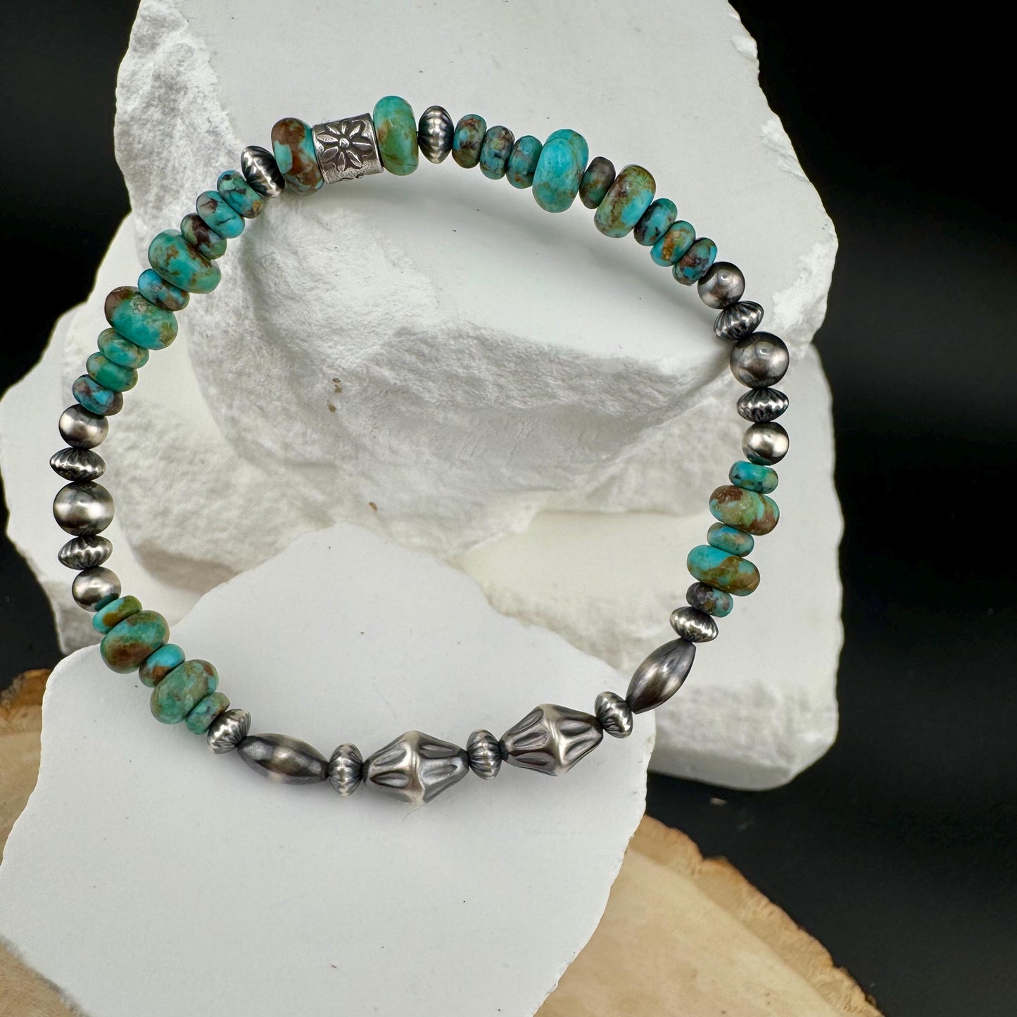 Kingman Turquoise Navajo Pearl Sterling Silver Stretch Bracelet - Turquoise Gemstone Jewelry