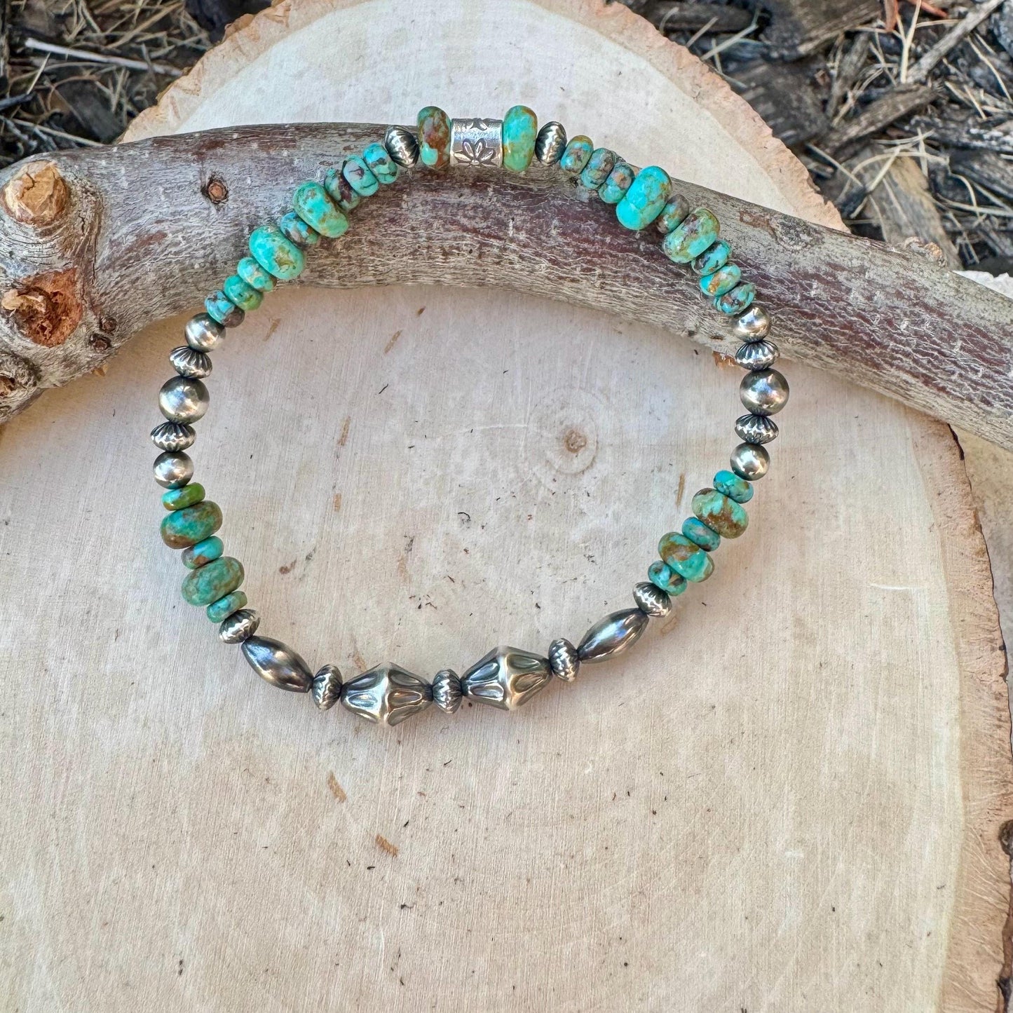 Kingman Turquoise Navajo Pearl Sterling Silver Stretch Bracelet - Turquoise Gemstone Jewelry