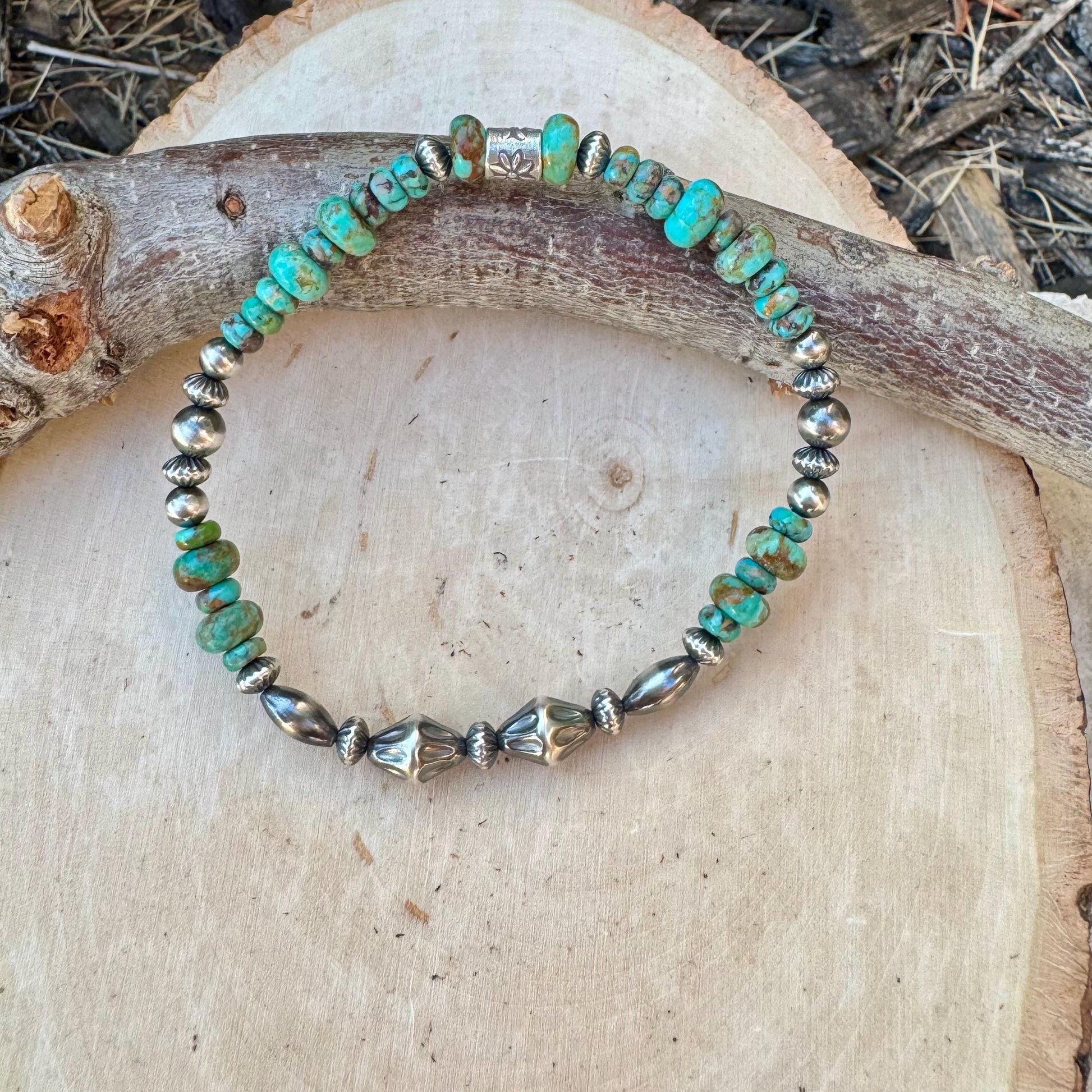 Kingman Turquoise Navajo Pearl Sterling Silver Stretch Bracelet - Turquoise Gemstone Jewelry