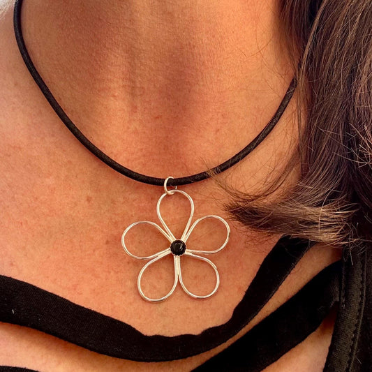 Handmade Sterling Silver Flower Black OnyxPendant on Genuine Leather Necklace