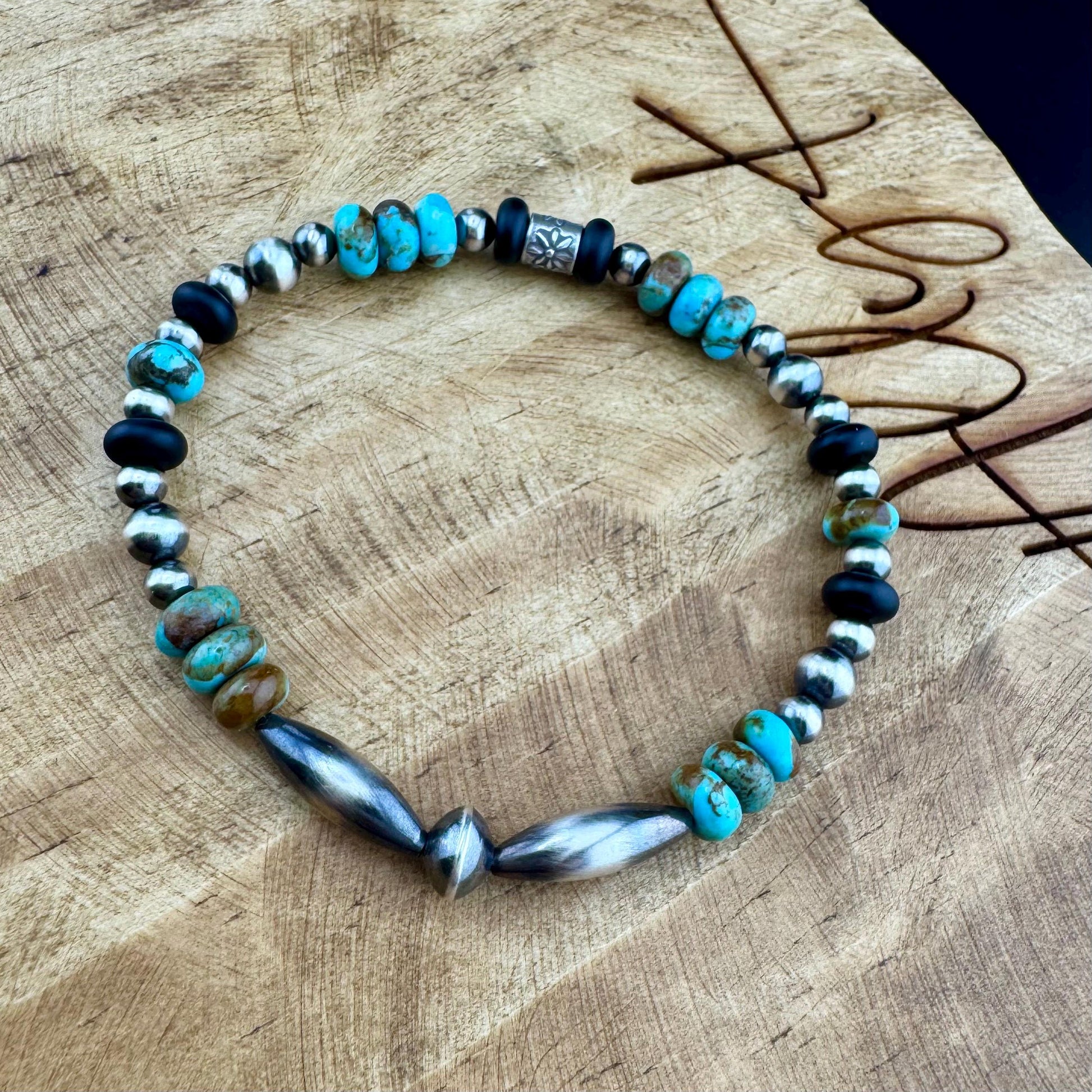 Southwestern Kingman Turquoise Onyx Bracelet - Navajo Pearl Sterling Silver Jewelry