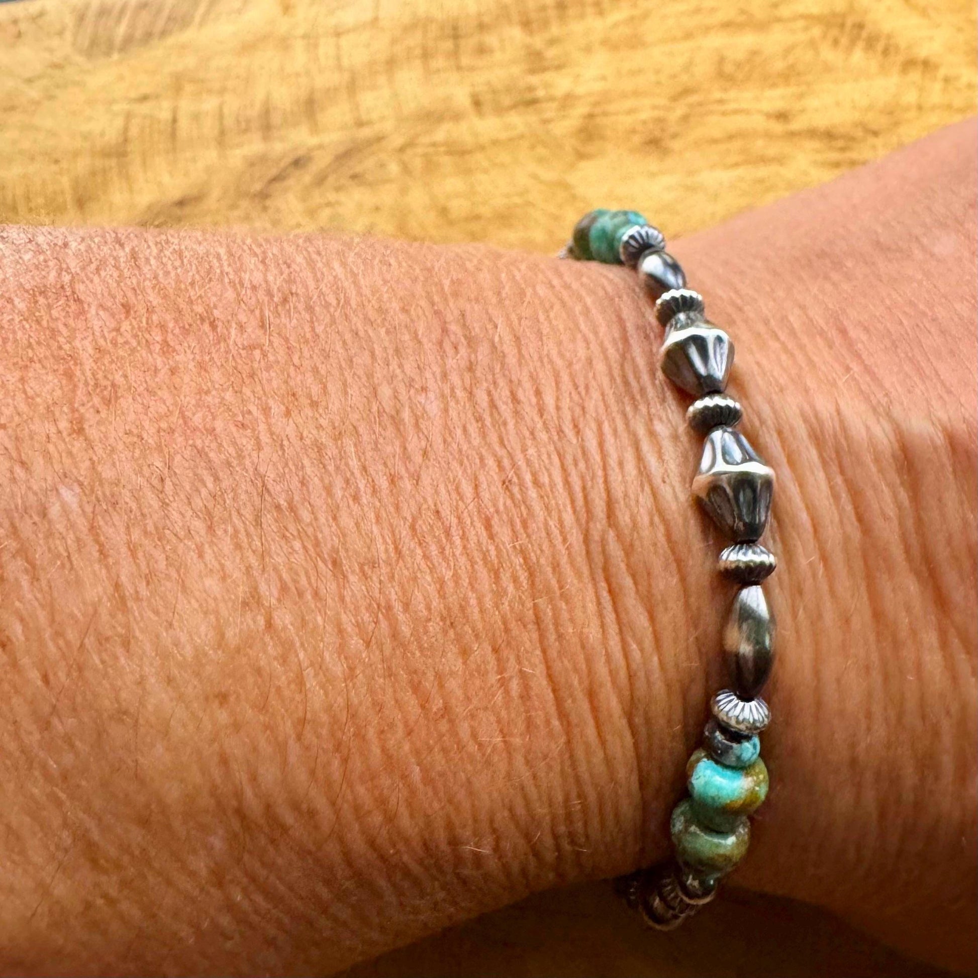 Kingman Turquoise Navajo Pearl Sterling Silver Stretch Bracelet - Turquoise Gemstone Jewelry