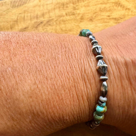Kingman Turquoise Navajo Pearl Sterling Silver Stretch Bracelet - Turquoise Gemstone Jewelry