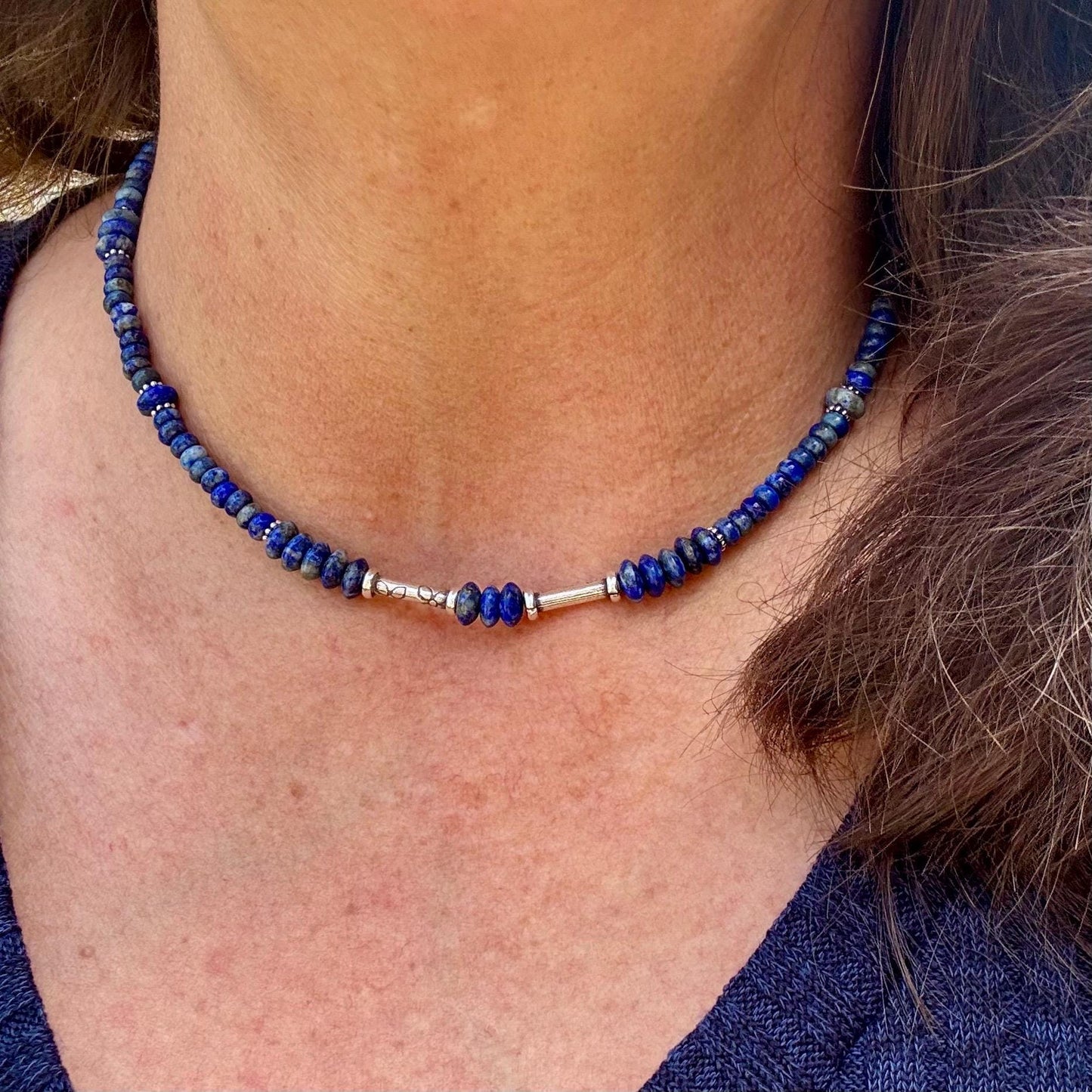 Lapis Lazuli Gemstone Sterling Silver Choker Necklace - Blue Gemstone Jewelry