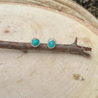 Serrated Bezel Kingman Turquoise Stud Earrings, Elegant Sterling Silver Jewelry