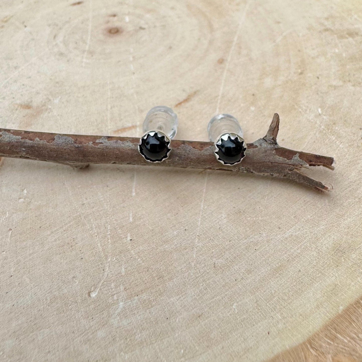 Handcrafted Serrated Bezel Black Onyx Earrings: 4mm/6mm Gemstone