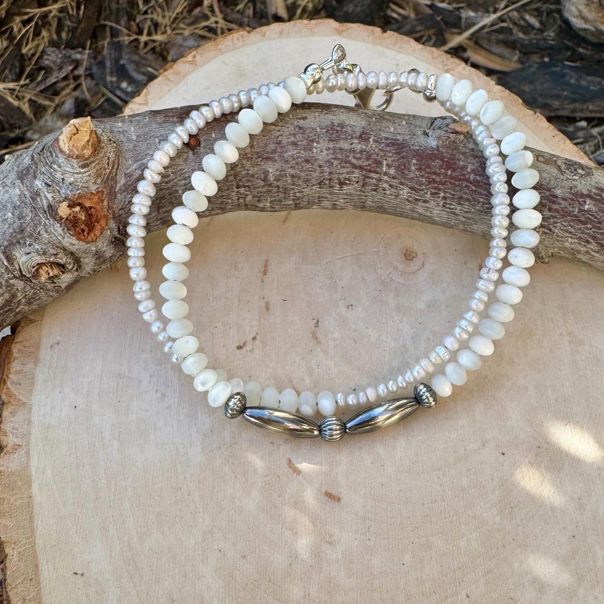 Navajo Pearl Double Wrap Bracelet with Sterling Silver and Pearl Beads