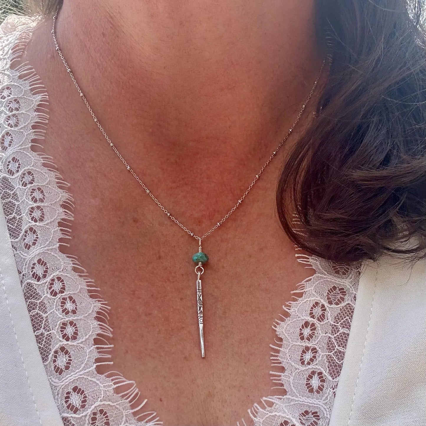 Kingman Turquoise Accent Spike Necklace, Handmade Sterling Silver Jewelry