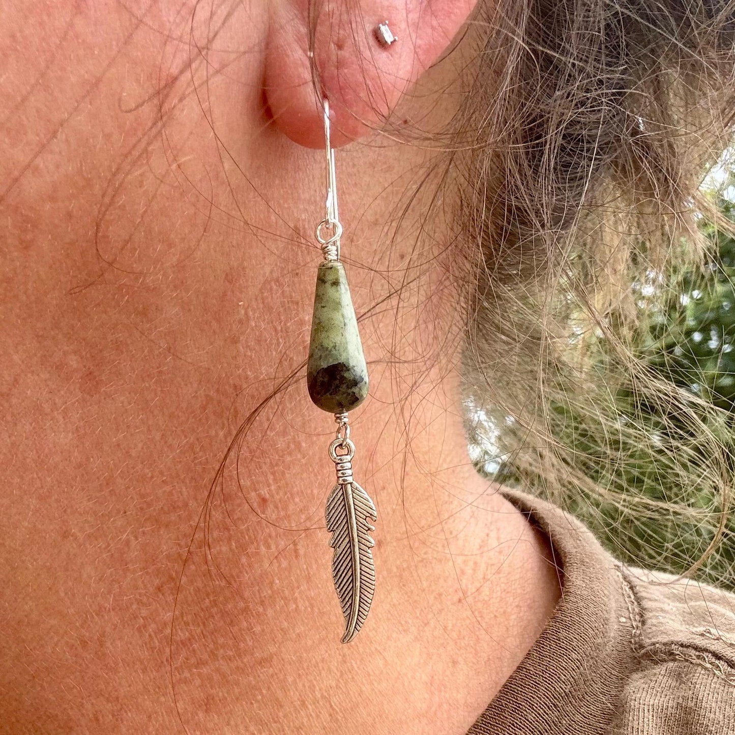 African Turquoise Gemstone Feather Dangle Earrings in Sterling Silver