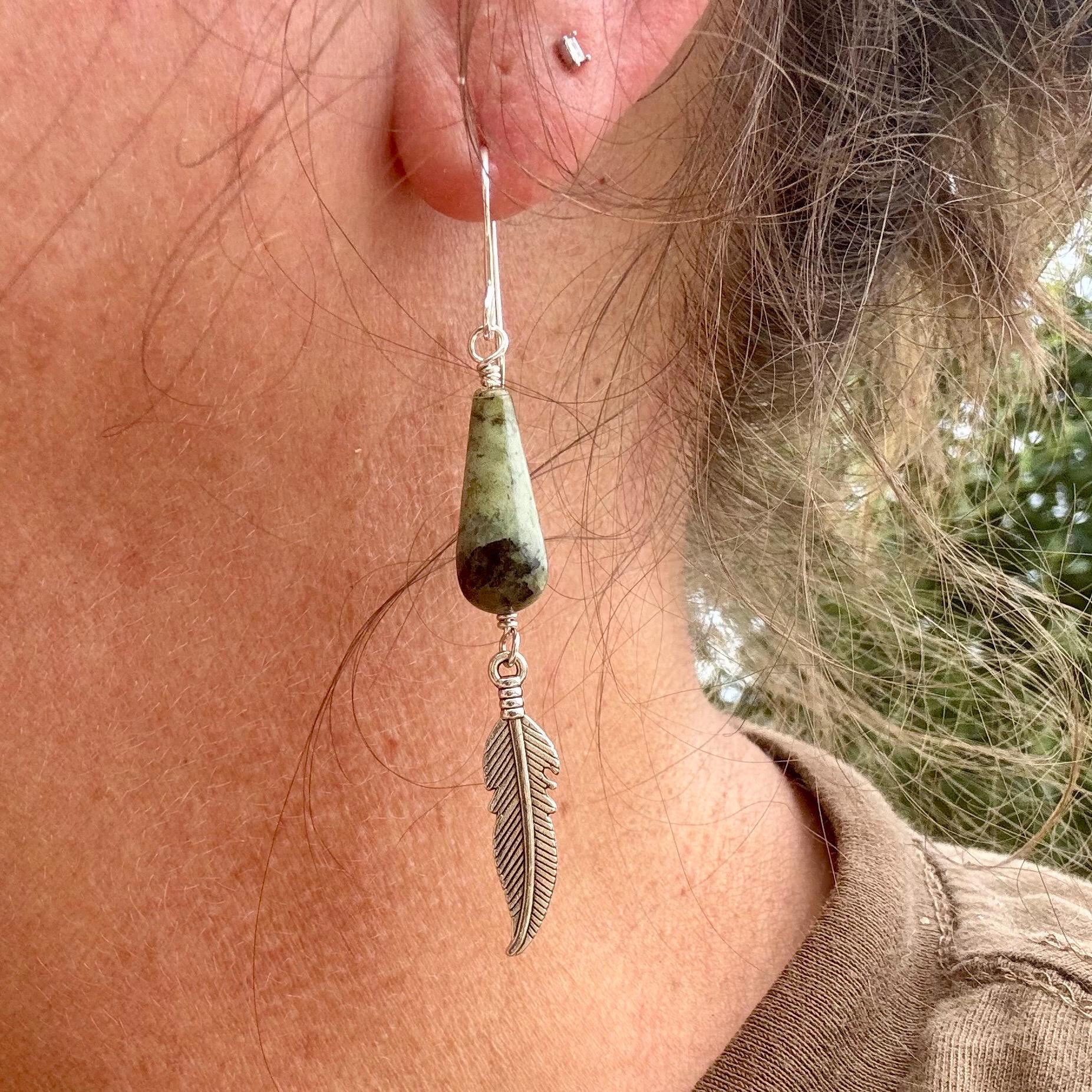 African Turquoise Gemstone Feather Dangle Earrings in Sterling Silver