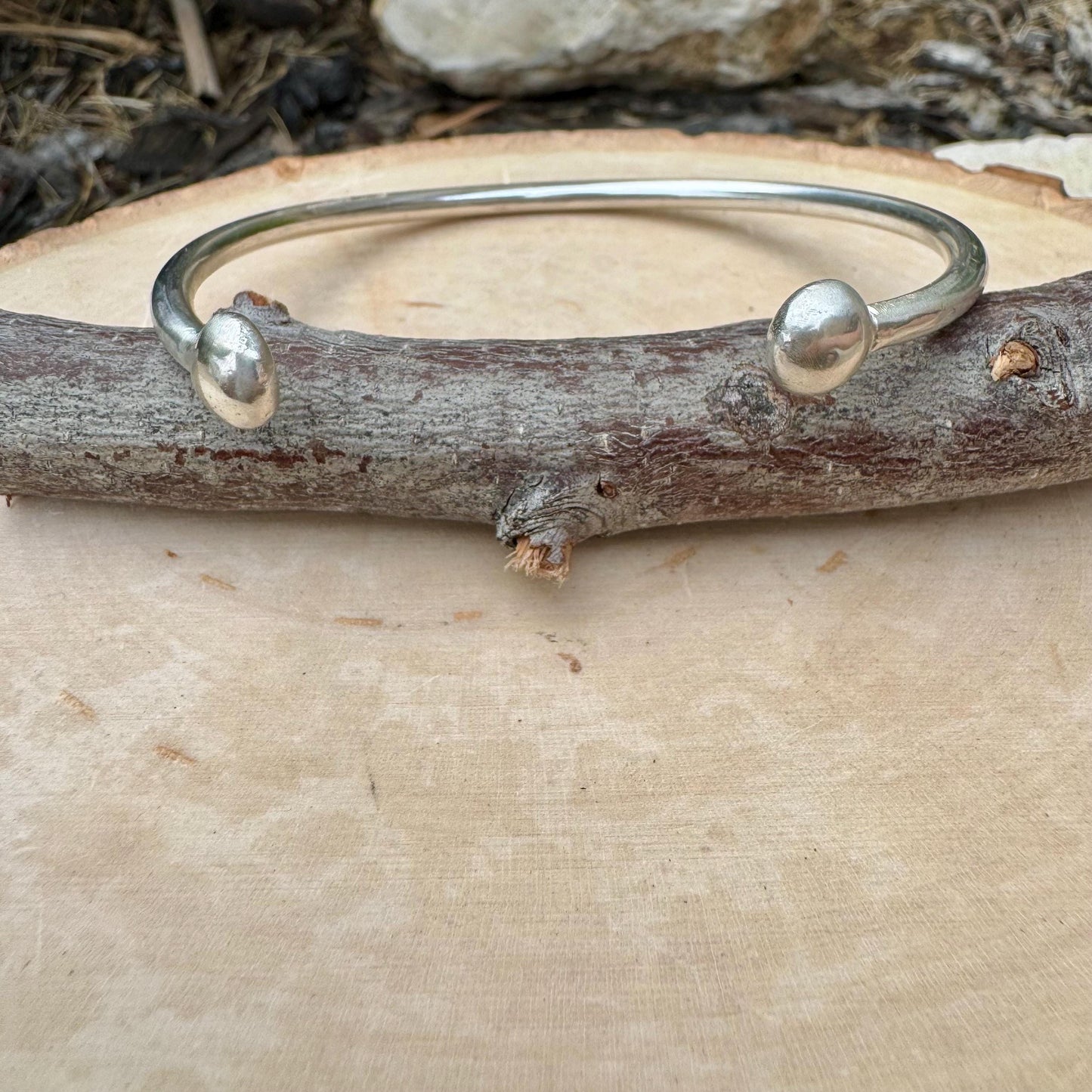 Handmade Sterling Silver Ball End Cuff Bracelet - Adjustable Style