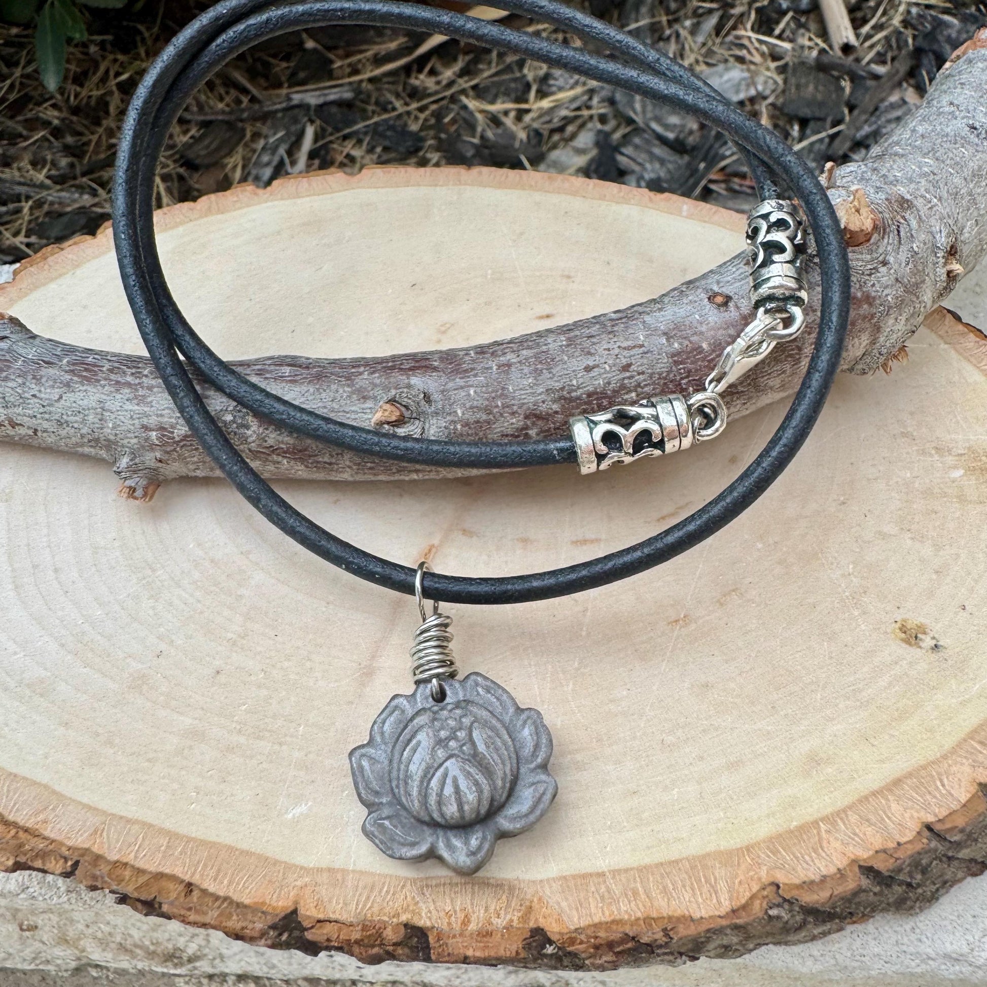 Hand Carved Silver Obsidian Lotus Pendant Leather Necklace - Artisan Jewelry