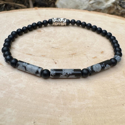 Natural Gemstone Snowflake Obsidian and Onyx Bracelet - Stretch Design