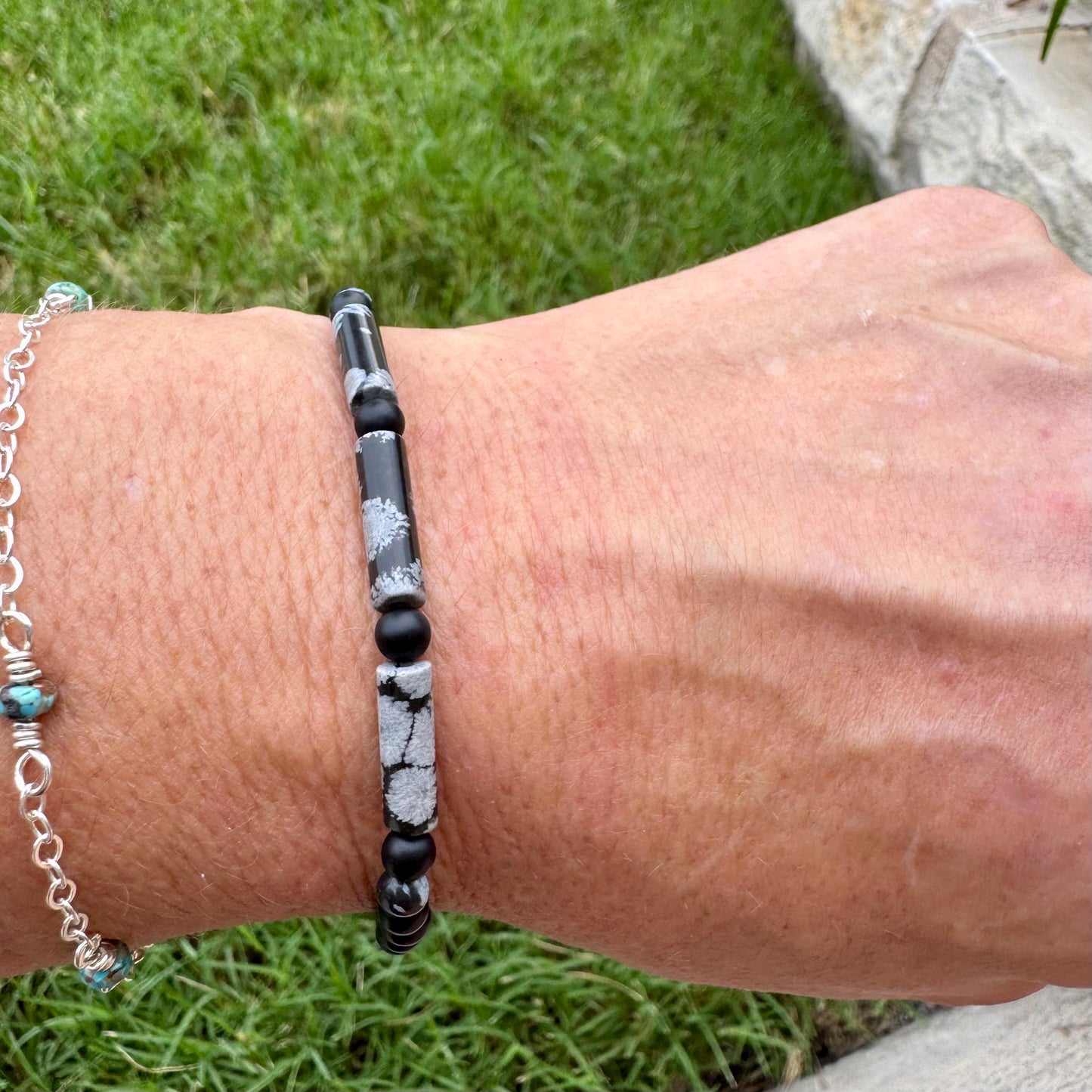 Natural Gemstone Snowflake Obsidian and Onyx Bracelet - Stretch Design