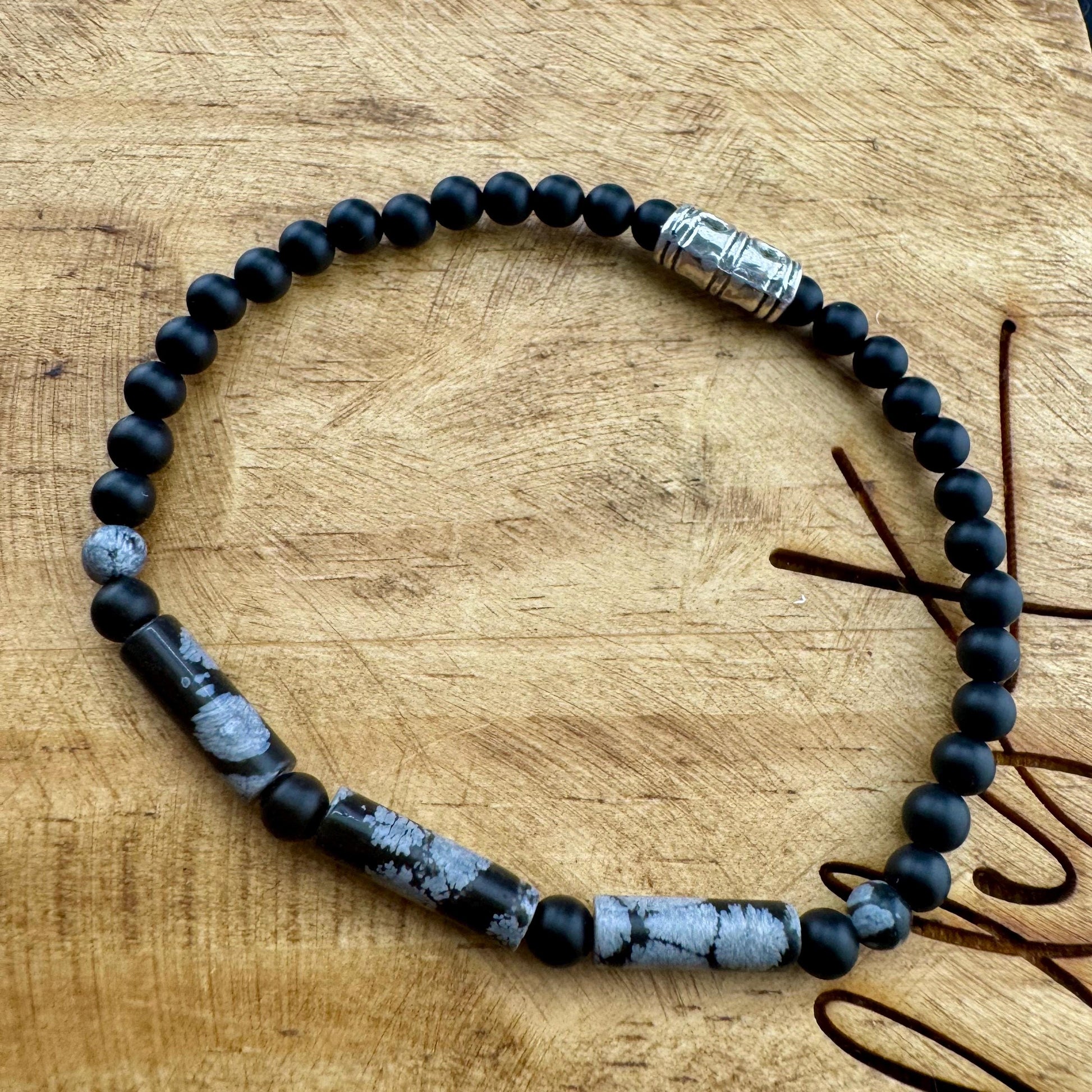 Natural Gemstone Snowflake Obsidian and Onyx Bracelet - Stretch Design