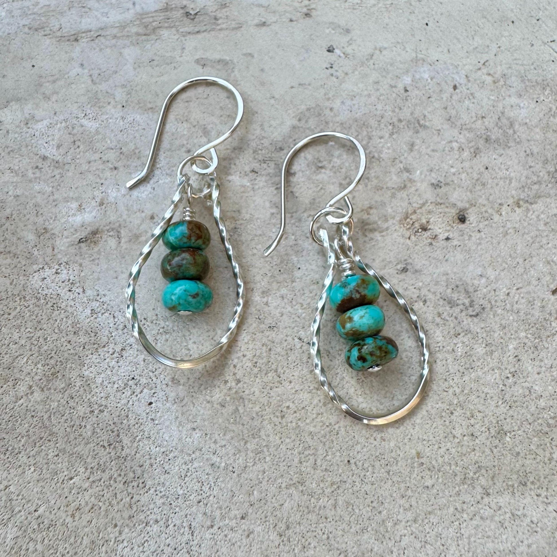 Sterling Silver Kingman Turquoise Teardrop Earrings - Twisted Wire Women's Jewelry