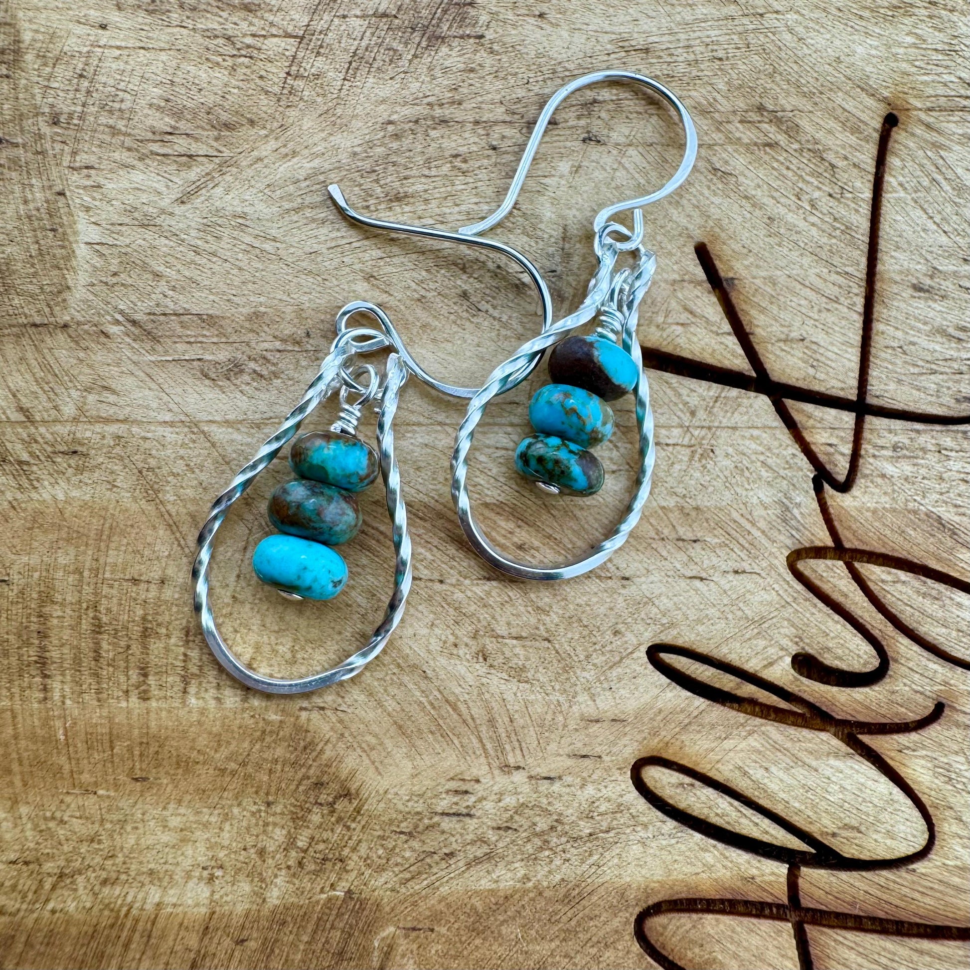 Sterling Silver Kingman Turquoise Teardrop Earrings - Twisted Wire Women's Jewelry