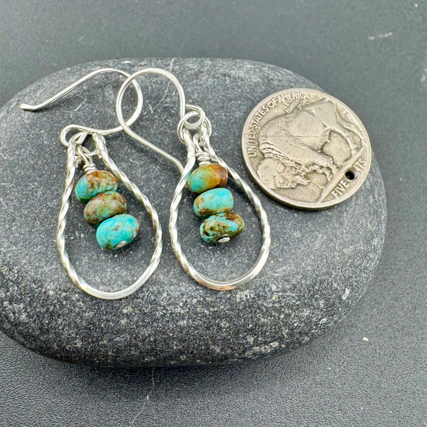 Sterling Silver Kingman Turquoise Teardrop Earrings - Twisted Wire Women's Jewelry