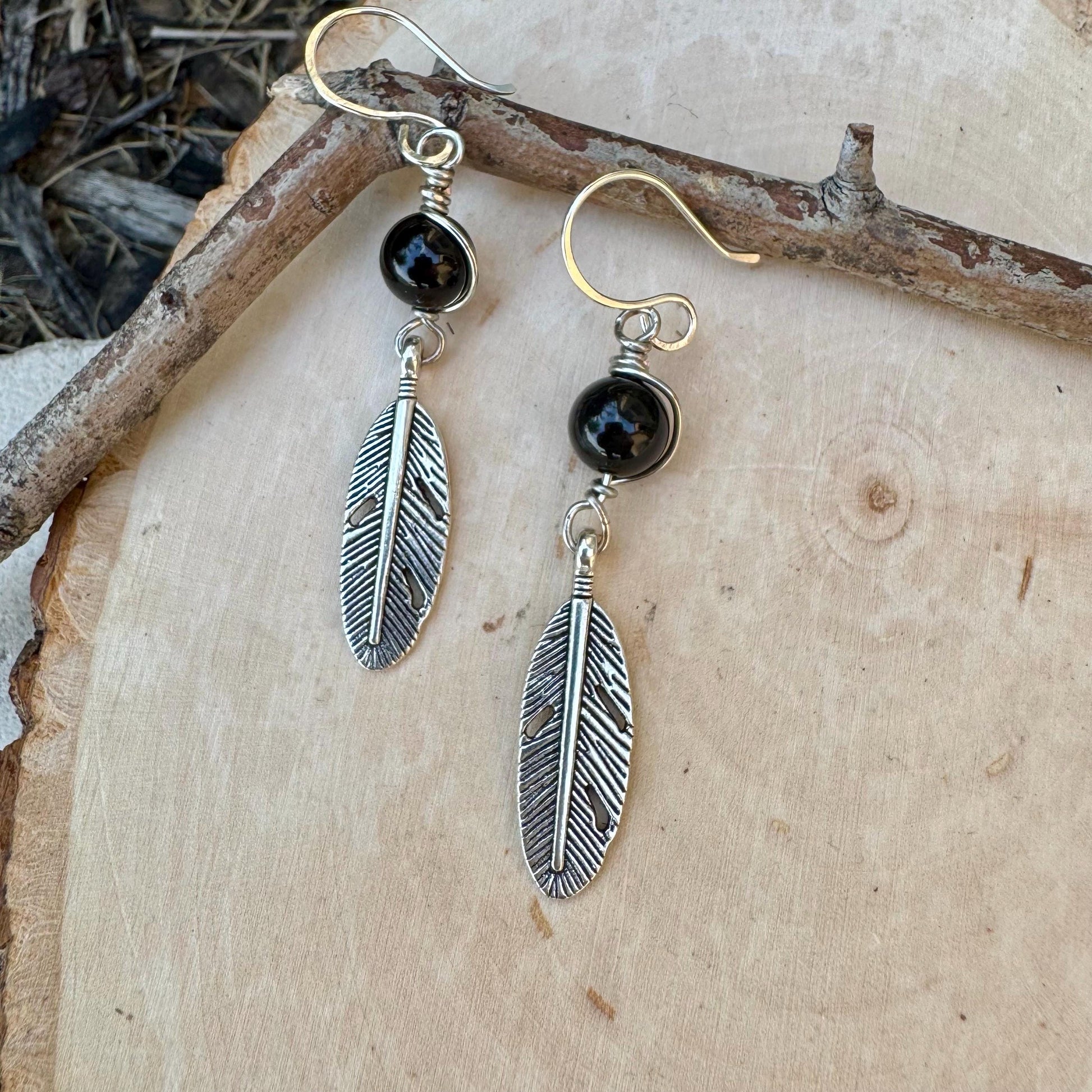 Obsidian Feather Dangle Earrings, Sterling Silver Handmade Jewelry