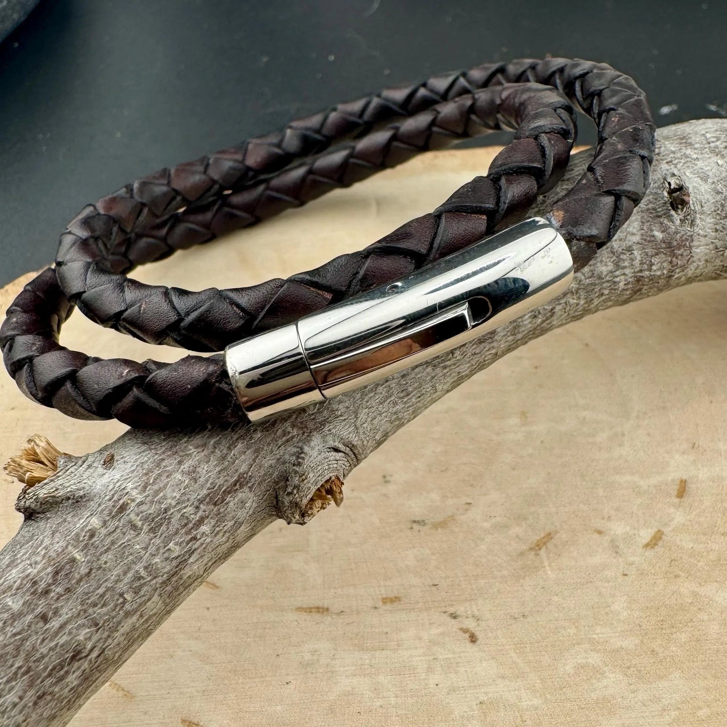 Braided leather wrap bracelet with bayonet closure/ double wrap genuine leather bracelet