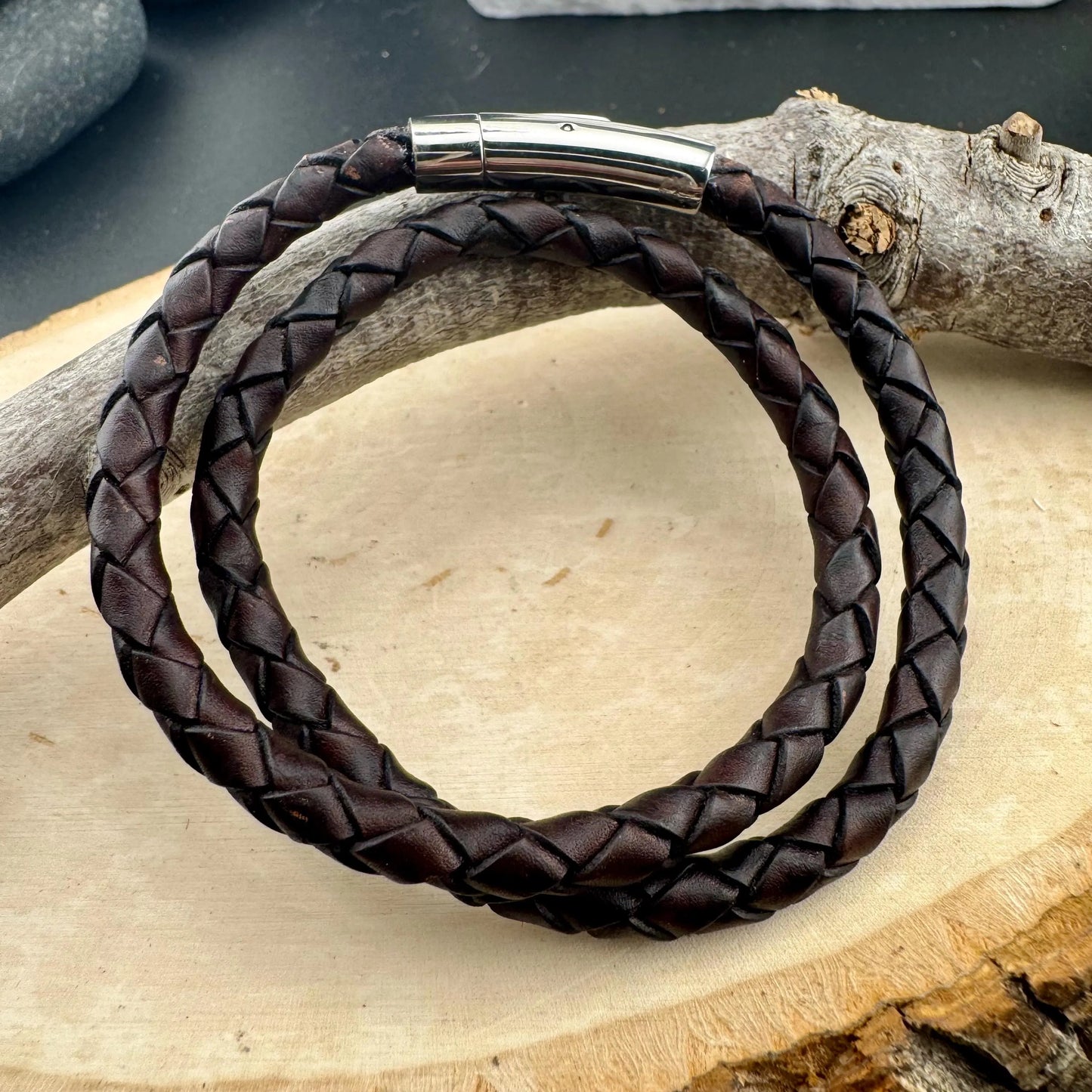 Braided leather wrap bracelet with bayonet closure/ double wrap genuine leather bracelet