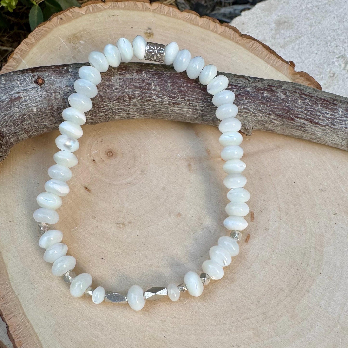 Stretch Mother of Pearl Bracelet - Sterling Silver Gemstone Jewelry