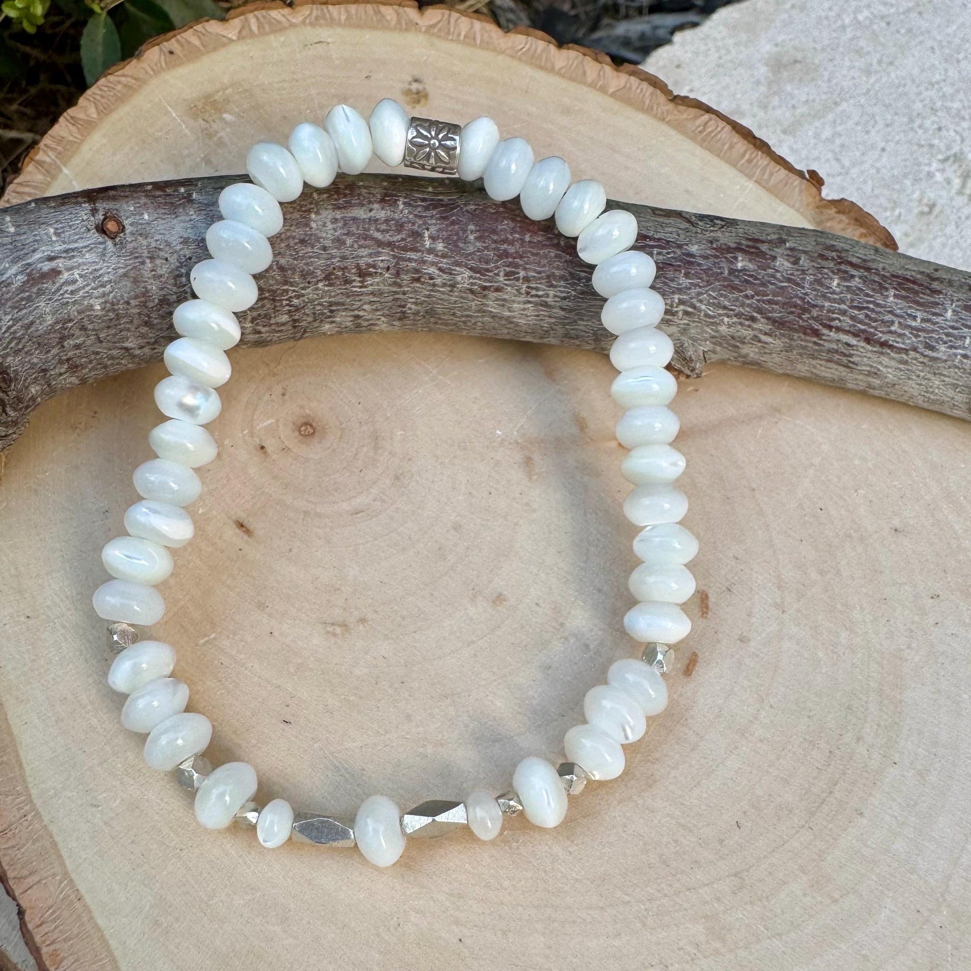 Stretch Mother of Pearl Bracelet - Sterling Silver Gemstone Jewelry