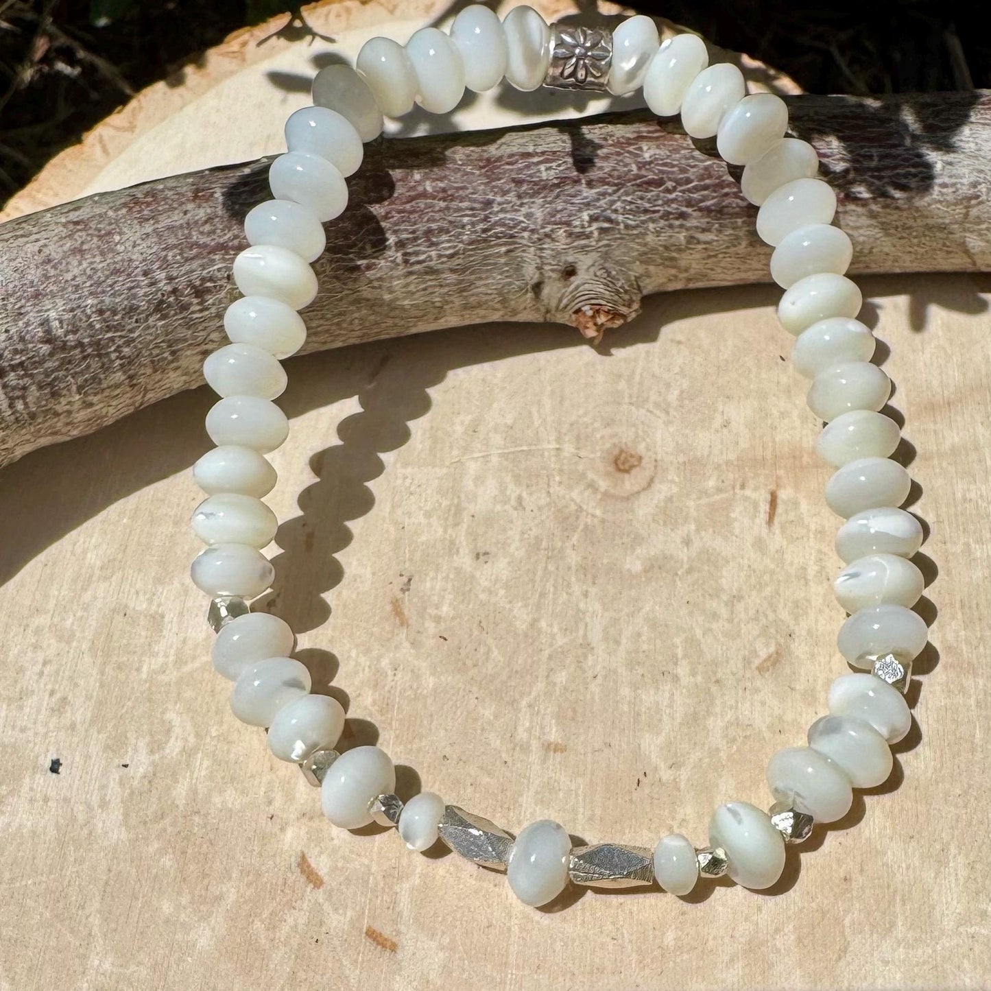 Stretch Mother of Pearl Bracelet - Sterling Silver Gemstone Jewelry