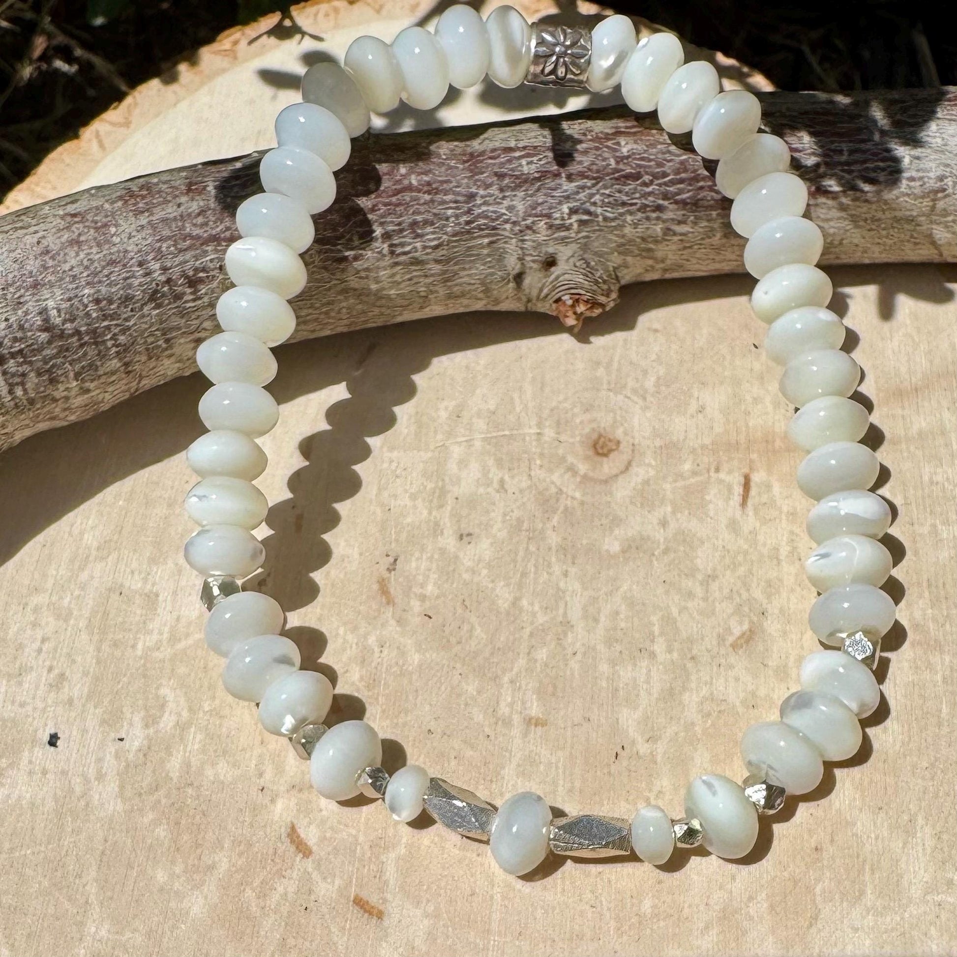 Stretch Mother of Pearl Bracelet - Sterling Silver Gemstone Jewelry