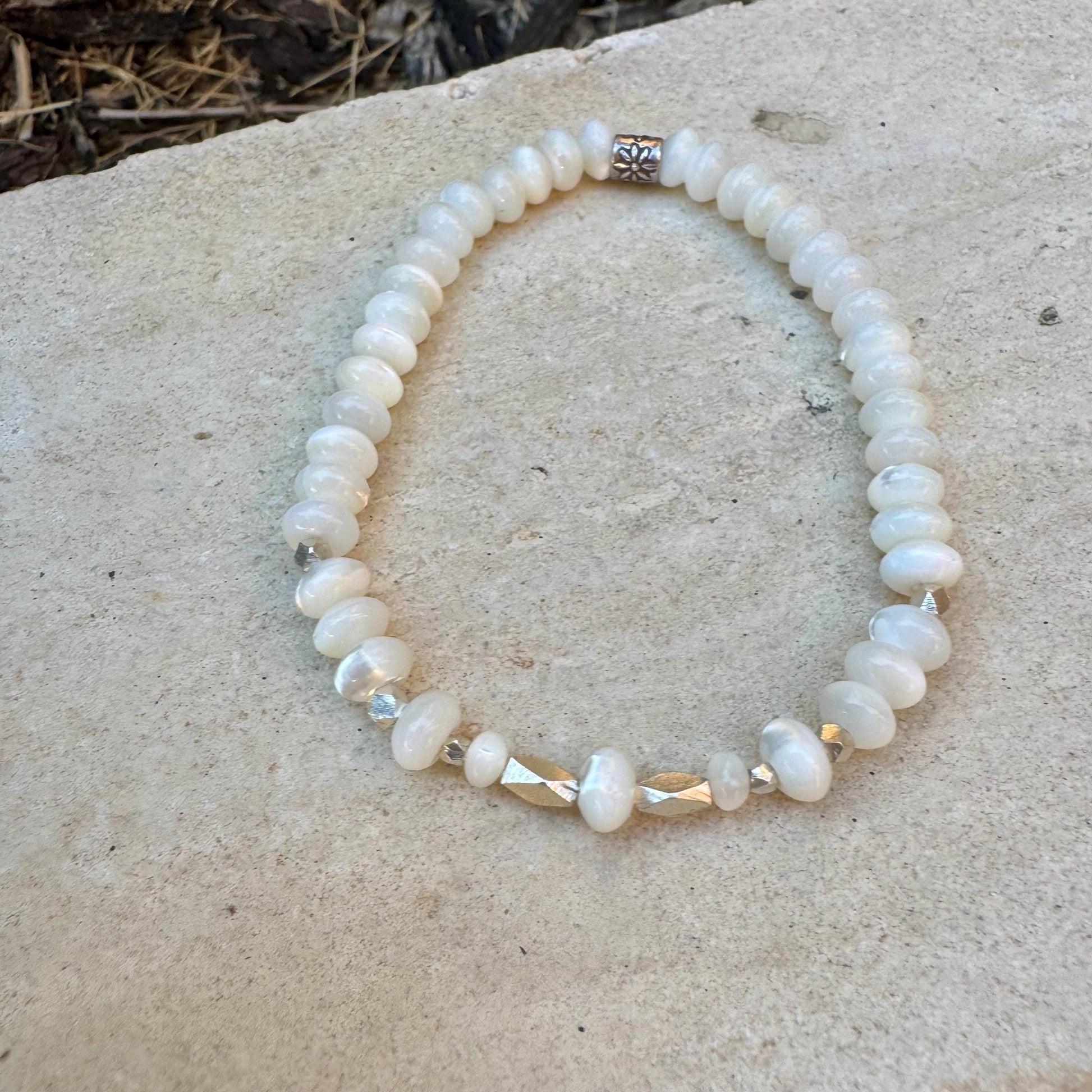 Stretch Mother of Pearl Bracelet - Sterling Silver Gemstone Jewelry