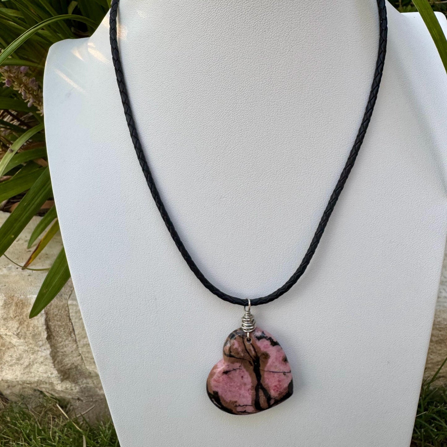 Pink Rhodonite Heart Pendant Leather Necklace - Handcrafted Natural Stone Jewelry