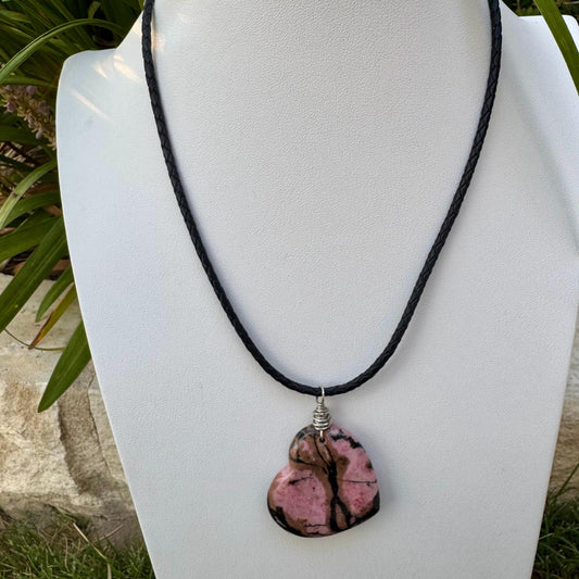 Pink Rhodonite Heart Pendant Leather Necklace - Handcrafted Natural Stone Jewelry