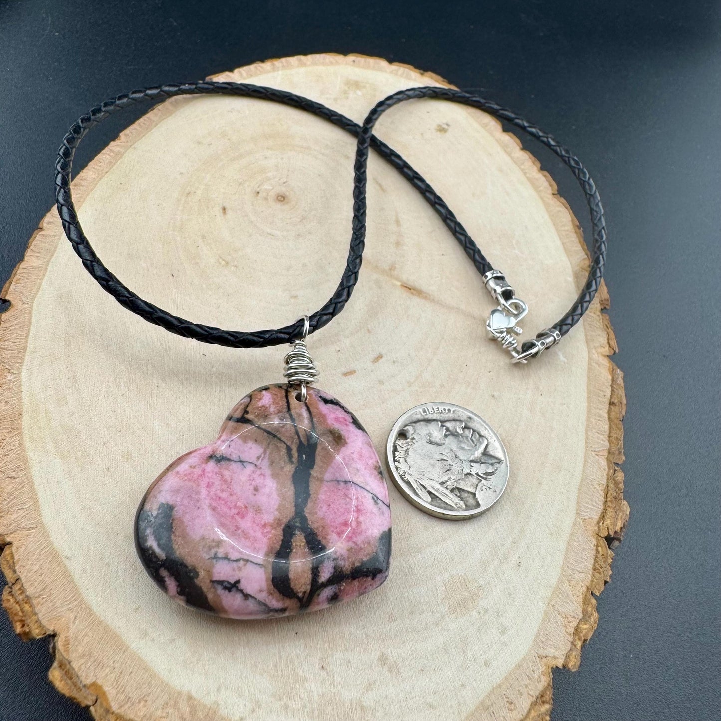 Pink Rhodonite Heart Pendant Leather Necklace - Handcrafted Natural Stone Jewelry