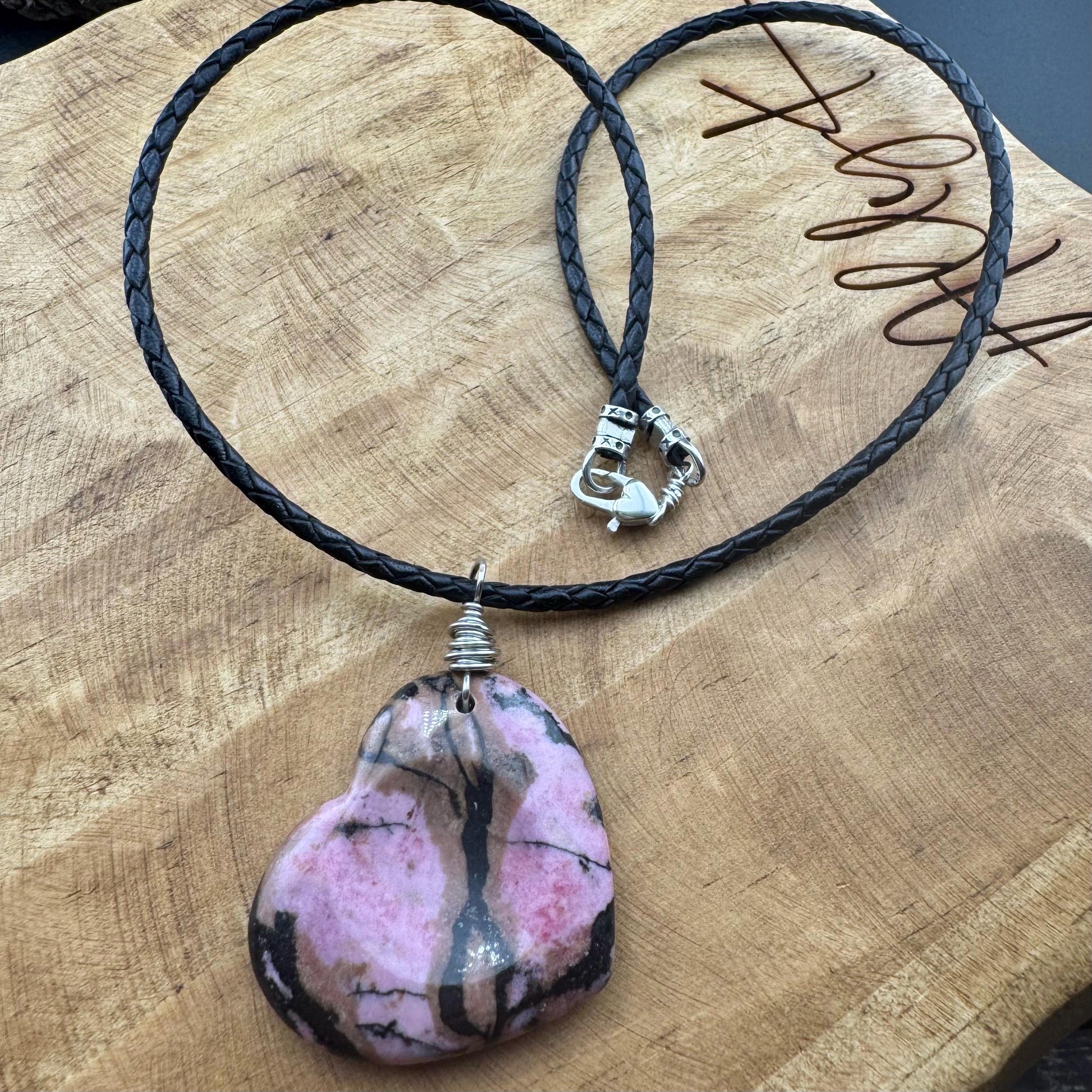 Pink Rhodonite Heart Pendant Leather Necklace - Handcrafted Natural Stone Jewelry