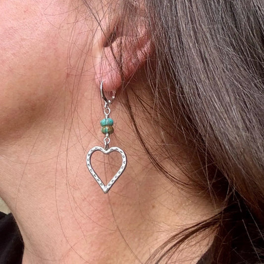 Kingman Turquoise Sterling Heart Earrings - Sterling Silver Dangle Drops