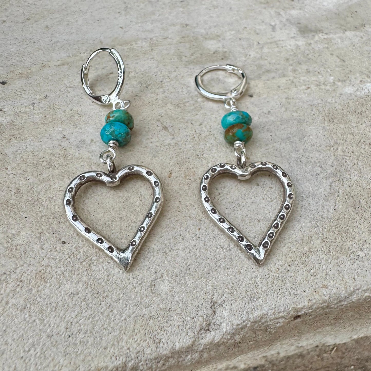 Kingman Turquoise Sterling Heart Earrings - Sterling Silver Dangle Drops