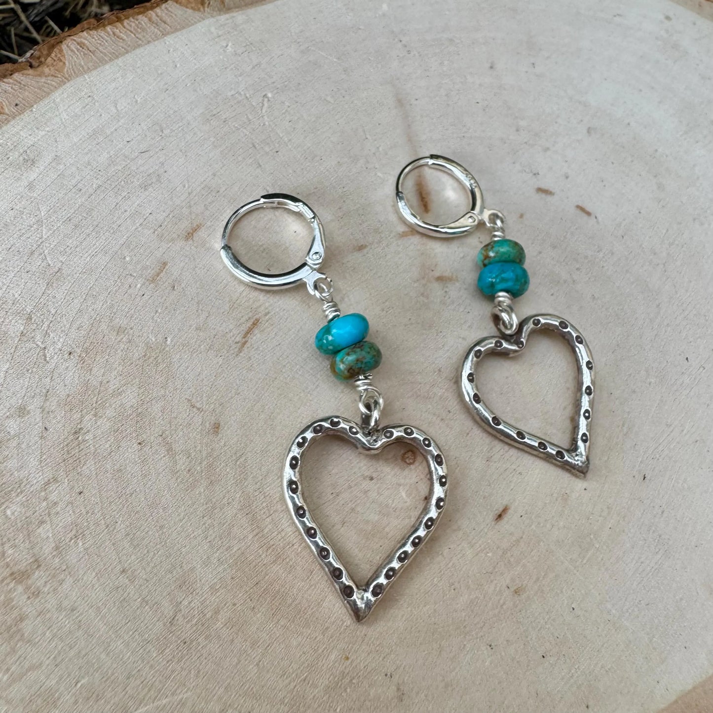 Kingman Turquoise Sterling Heart Earrings - Sterling Silver Dangle Drops