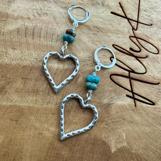 Kingman Turquoise Sterling Heart Earrings - Sterling Silver Dangle Drops