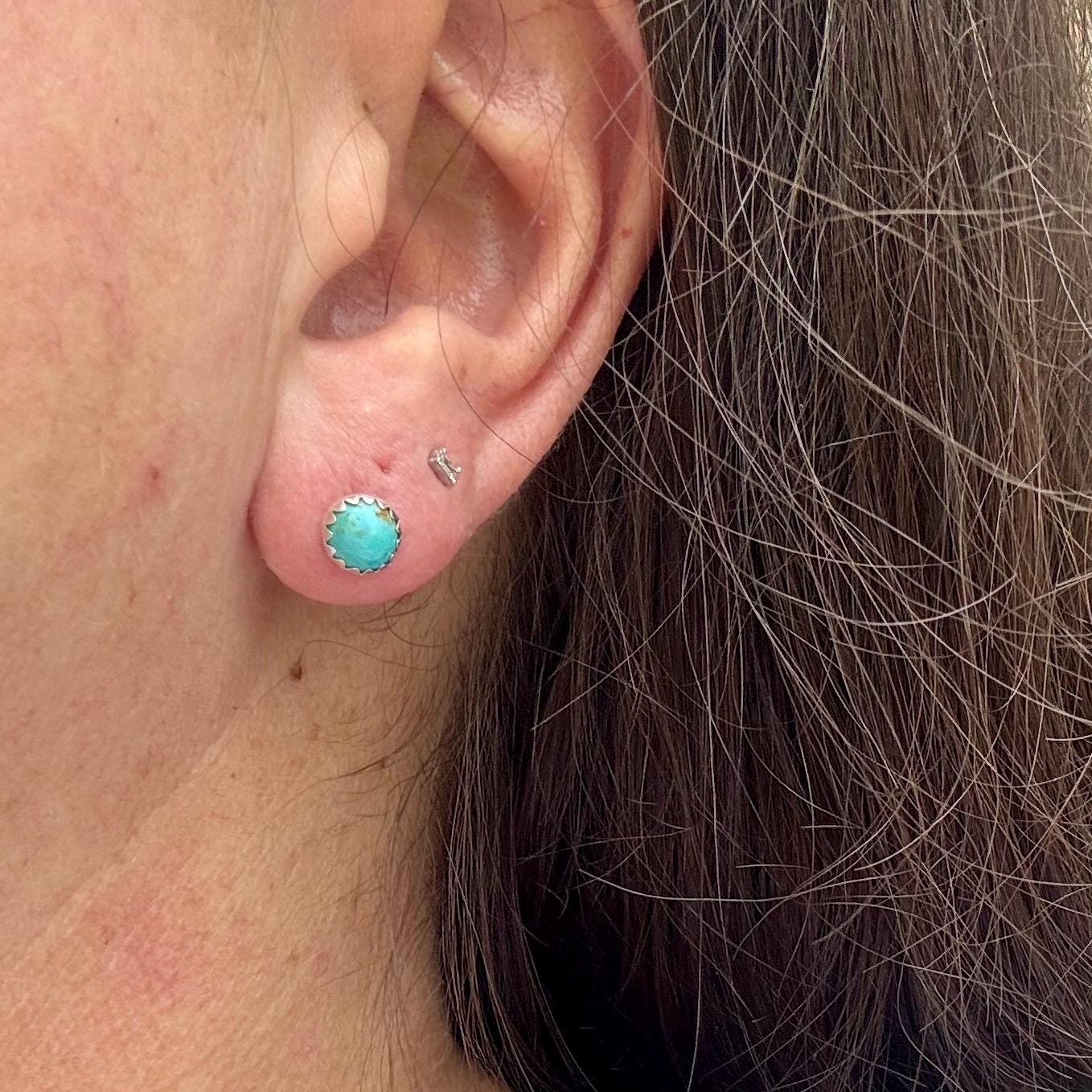 Serrated Bezel Kingman Turquoise Stud Earrings, Elegant Sterling Silver Jewelry