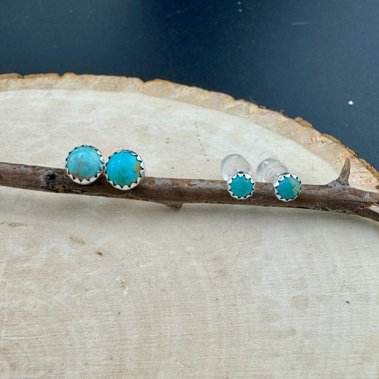 Serrated Bezel Kingman Turquoise Stud Earrings, Elegant Sterling Silver Jewelry