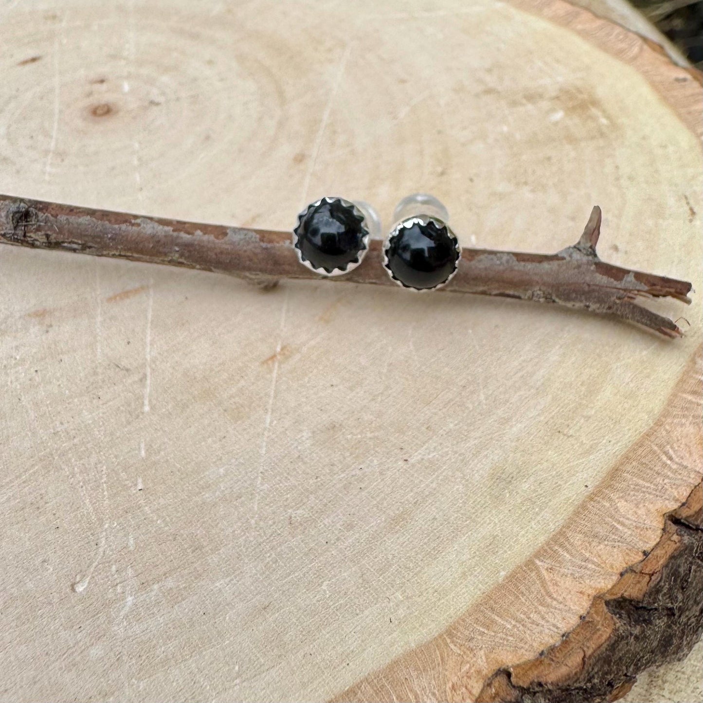 Handcrafted Serrated Bezel Black Onyx Earrings: 4mm/6mm Gemstone