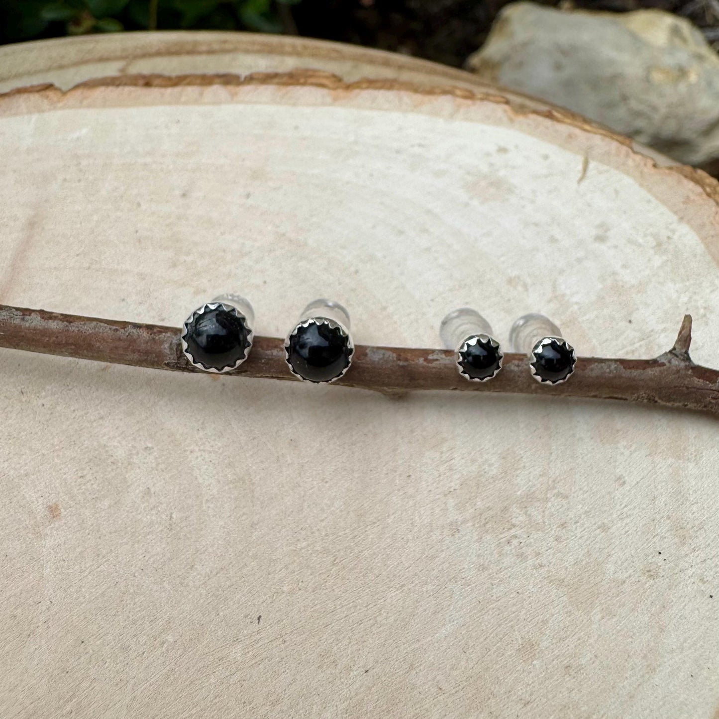 Handcrafted Serrated Bezel Black Onyx Earrings: 4mm/6mm Gemstone